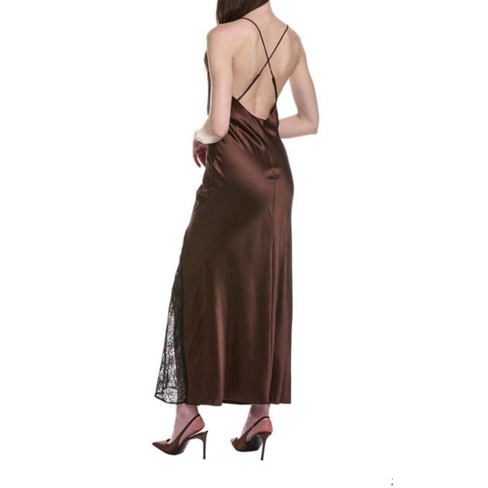 Line and Dot Brown‎ Satin Cowl Neck Lace Slit Maxi Dress Small Open Back